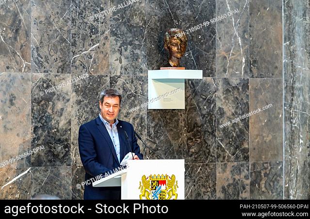 07 May 2021, Bavaria, Munich: Markus Söder (CSU), Prime Minister of Bavaria, speaks during a memorial service in the staircase of the...