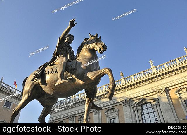 Equestrain statue of Emperor Marcus Aurelius in Piazza del Campidoglio, Capitoline Hill, Rome, Italy, Europe