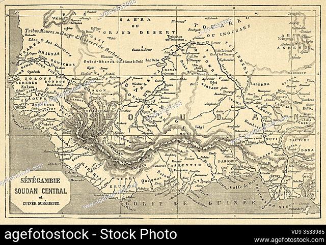 Map showing position and reports of Dahomey, Central Africa, Old 19th century engraved illustration, Le Tour du Monde 1863