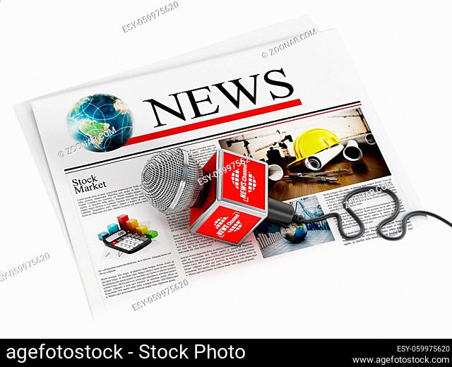 Newspaper and microphone isolated on white background. 3D illustration
