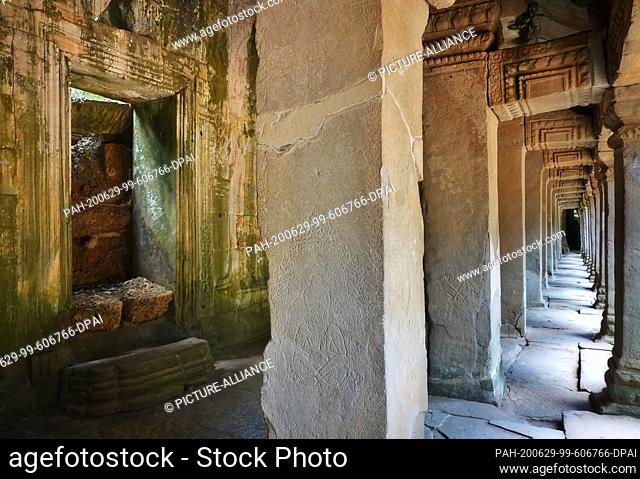 23 October 2019, Cambodia, Siem Reab: Corridor with columns of the temple Ta Prohm. The temple monastery was the scenery of the movie ""Tomb Raider"" and is...