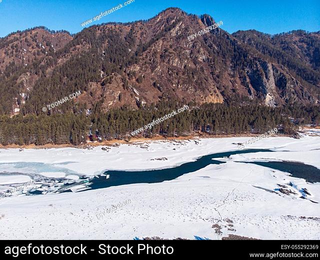 Aerial view of winter Katun river in Altai mountains