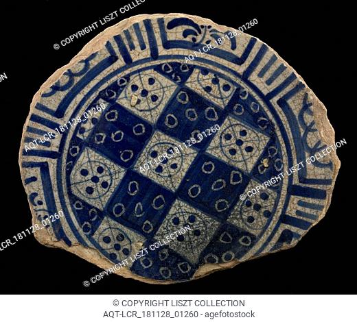 Fragment majolica plate, blue on white, chessplate decor, border in Wanli style, plate dish crockery holder soil find ceramics pottery glaze