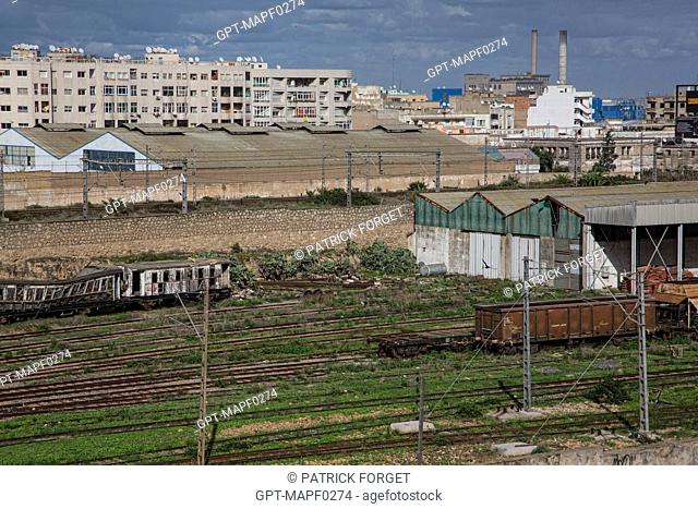 ABANDONED RAILWAY TRACKS AND TRAINS BEHIND THE FORMER SLAUGHTERHOUSES, CASABLANCA, MOROCCO, AFRICA