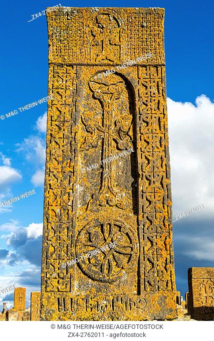Medieval Khachkars carved memorial stele, Noratus cemetery, Sevan Lake, Gegharkunik province, Armenia, Caucasus, Middle East, Asia