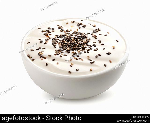 Fresh yogurt with chia seeds isolated on white background with clipping path