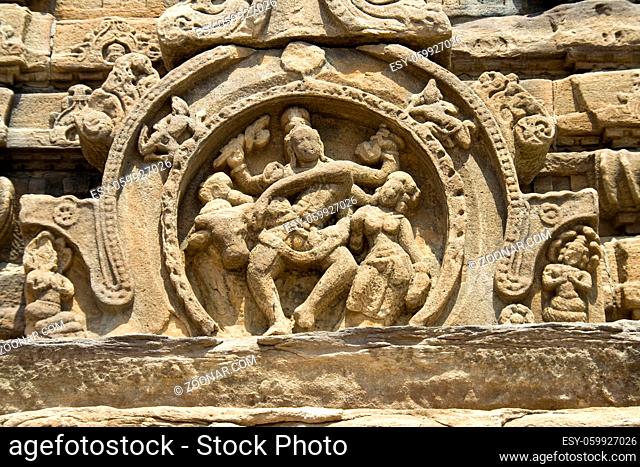 Sculptural panel of dancing Shiva with Parvathi and Nandi at Pattadakal, District Bagalkot, Karnataka, India, Asia