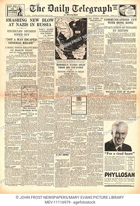 1941 front page Daily Telegraph Russian Army advances on Eastern Front, Battle for Libya and Hong Kong