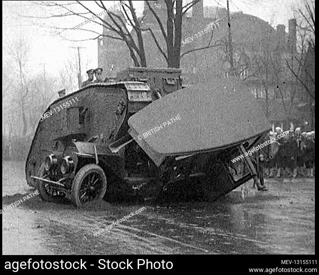 Tank Crushing A Motorcar in a Street - United Kingdom