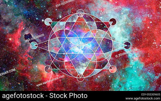 Abstract cosmos geometric background with polygons, triangles, stars and nebula. Polygonal cloudscape backdrop. Elements of this image furnished by NASA