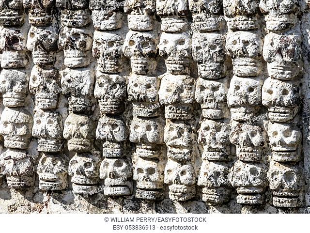 Ancient Aztec Skull Wall Templo Mayor Mexico City Mexico. Great Aztec Temple created from 1325 to 1521 when Cortez destroyed Aztec temple