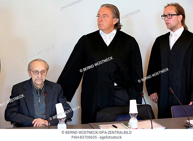 Ahead of the trial against the former SS medic Hubert Z. (L) 71 years after the end of WW2, the 95-year-old defendant waits with his lawyers (L-R) Peter-Michael...