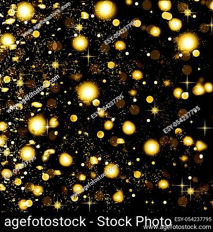 Christmas. Background. Golden Falling snowflakes and stars on a black background. Christmas background