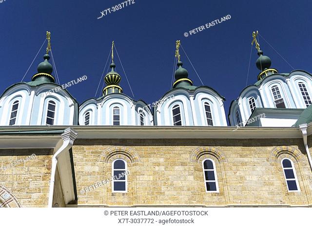 Cupolas on the Katholikon at the center of St. Panteleimon, a Russian monastery on The Athos peninsula, Macedonia, Northern Greece