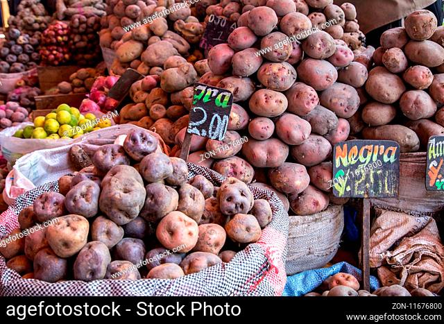Arequipa, Peru - October 20, 2015: Bags of peruvian potatoes at San Camillo market