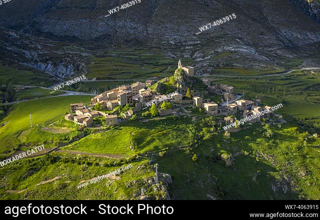 Aerial view of the town of Josa de Cadí in spring (Alt Urgell, Catalonia, Spain, Pyrenees)
