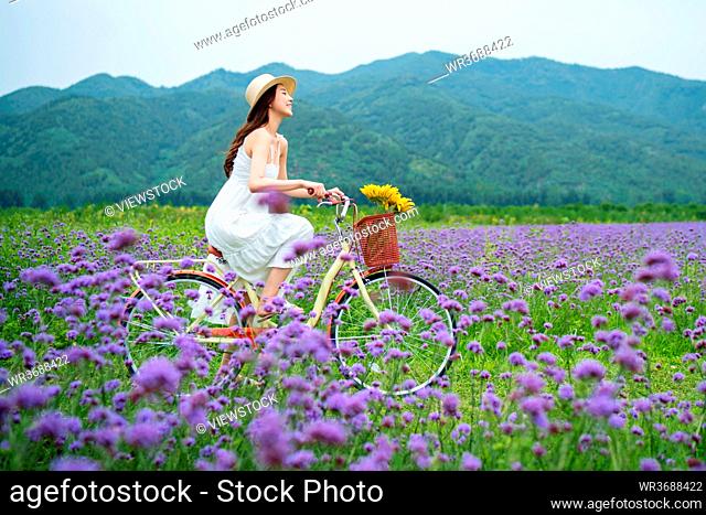 Young woman riding a bike in the flower sea