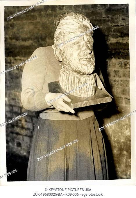 Mar. 25, 1958 - Sending In Day For Sculptor - At Burlington House Dr. Fuchs 'Arrives' For R.A. Exhibition: Photo shows A bust of Dr