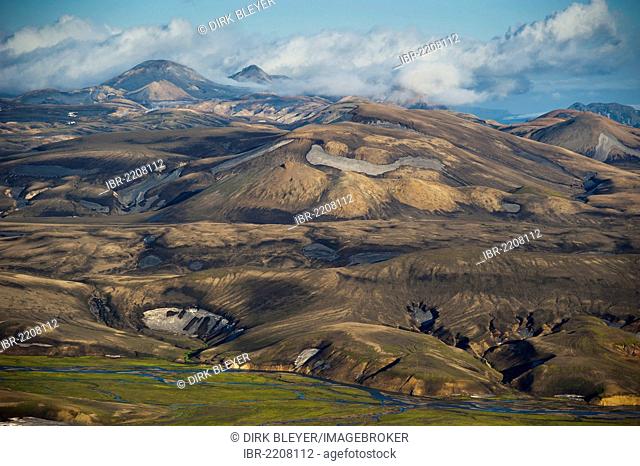 Aerial view, rhyolite mountains covered in snow and ashes, Landmannalaugar, Fjallabak Nature Reserve, Highlands of Iceland, Iceland, Europe