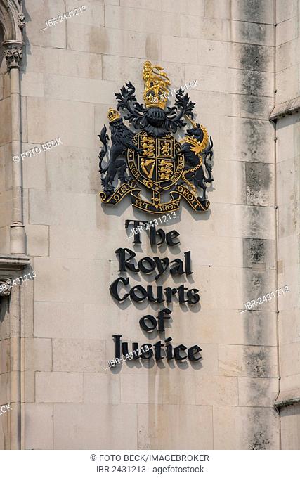 Crest of The Royal Courts of Justice, Supreme Court, in Fleet Street, London, England, United Kingdom, Europe