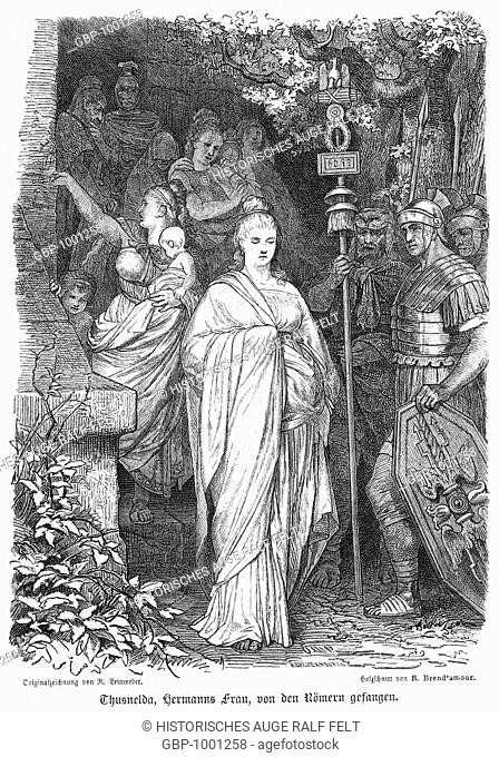 Europe, Germany, Germania, Thusnelda, the wife of Arminius , captured by the Romans, illustration from : Illustrirte Gallerie berühmter Männer aller Völker und...
