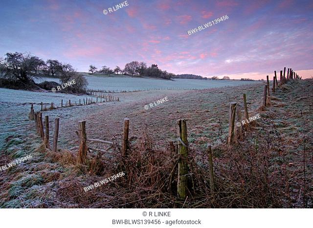 landscape in autumn in the morning with hoar frost, Germany, Bavaria, Spessart