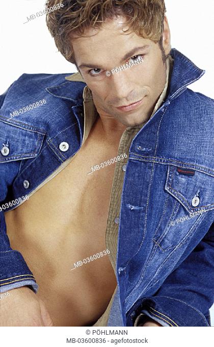 Man, seductively, jeans jacket, shirt, open, portrait, studio, indoors, young, jeans, attractively, attractiveness, beautifully, beauty, vainly, vanity