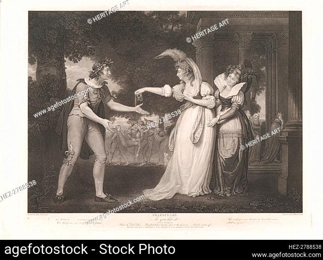 Before the Duke's Palace-Rosalind, Celia, Orlando, the Duke.., first published 1800; reissued 1852. Creator: William Satchwell Leney