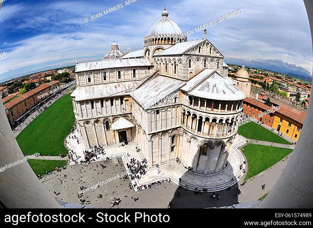 Campo de Miracoli with fisheye from the Campanile Tower of Pisa
