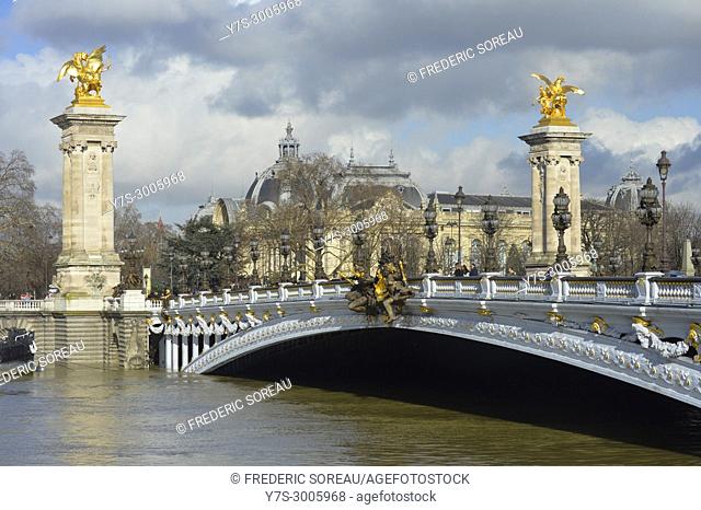 River Seine Floods and bursts its banks near Alexandre III bridge, Paris, France, 27 th january, 2018