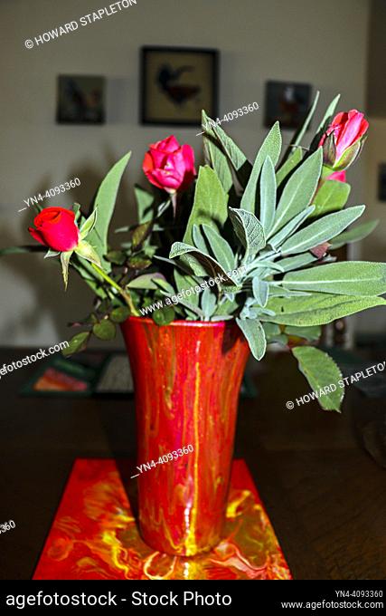 Roses (rosa)in a painted vase