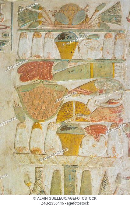 UNESCO World Heritage, Thebes in Egypt, Valley of the Nobles, tomb of Benia. Offering table, with bread, vegetables, fruits and meat