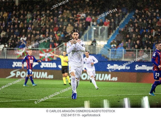 EIBAR, SPAIN - NOVEMBER 9, 2019: Sergio Ramos, Real Madrid player, celebrates his goal in a Spanish League match between Eibar and Real Madrid at Ipurua Stadium