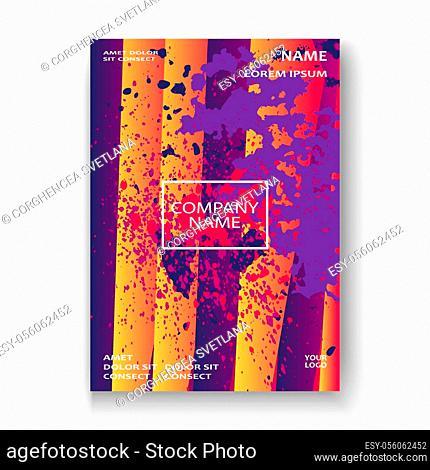 Artistic cover frame design paint splatter vector illustration. Blurred purple yellow color gradient.Abstract texture geometric striped pattern trend background