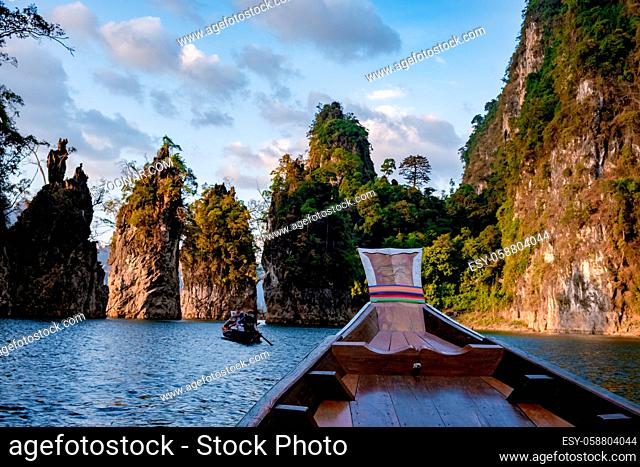 Khao Sok Thailand, Scenic mountains on the lake in Khao Sok National Park, Drone aerial shot, top view of Khao Sok National Park. South East Asia