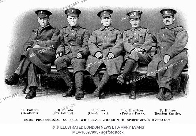 Five professional golfers who had joined the Sportsmen's Battalion. From left; H. Fulford (Bradford), R. Jacobs (Bedford), E. Jones (Chislehurst), Jas
