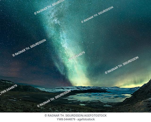 Aurora Borealis and the Milky Way, Hoffellsjokull Glacier, Iceland