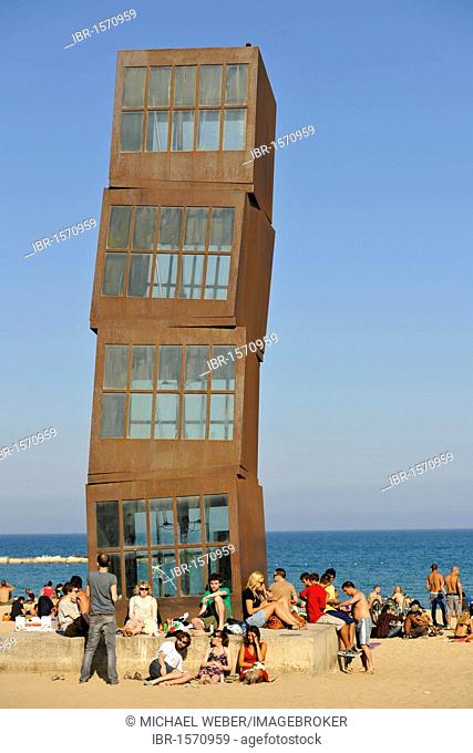 L'Estel Ferit or The Wounded Star, art object on the beach, sculpture designed by Rebecca Horn, San Sebastia beach, Barceloneta, Barcelona, Catalonia, Spain