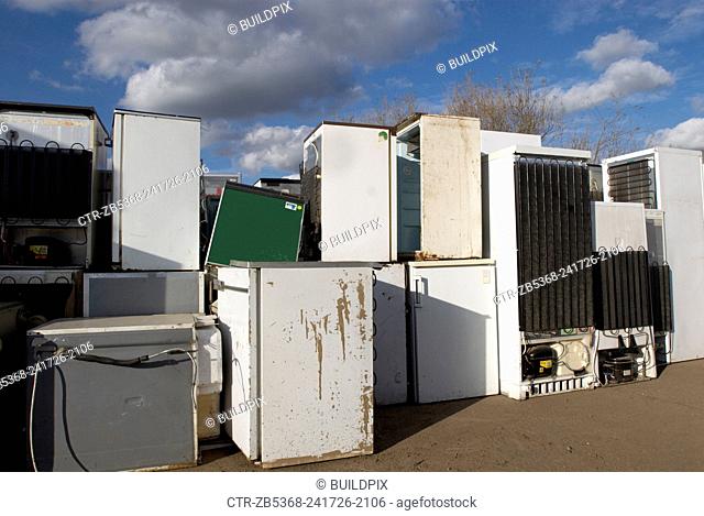 Unwanted fridges and freezers, Peterborough recycling centre, Cambridgeshire, UK