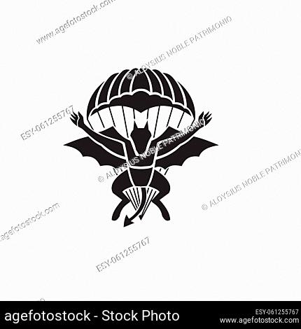 Military badge illustration of Red Devils Parachute Regiment Free Fall Team showing a demon, devil or bat with parachute jumping front view on isolated white...