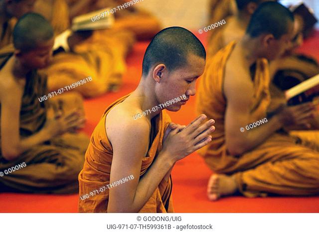 Monks reading and chanting in Wat Chedi Luang