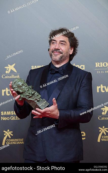 Javier Bardem poses in the Winner Room after winning a Goya Award during 36th Goya Awards at Palau de les Arts Reina Sofia on February 12, 2022 in Valencia