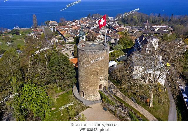 Swiss Heritage Site Hermance at Lake Geneva with the round watchtower of the medieval fortress, canton of Geneva, Switzerland