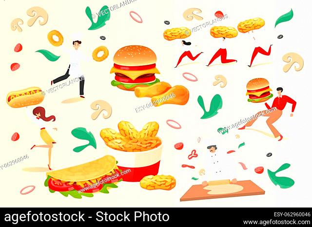 Fastfood cartoon cooking concept, vector illustration. Man woman people character with large frie junk food design, burger, taco, nuggets meal