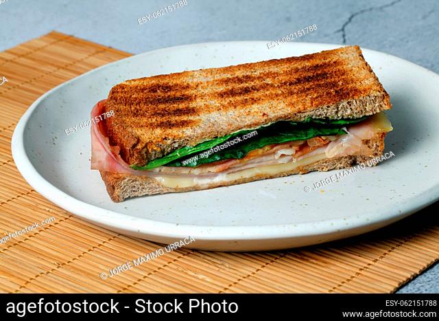 Toasted sandwich with lettuce, ham and cheese on a white plate