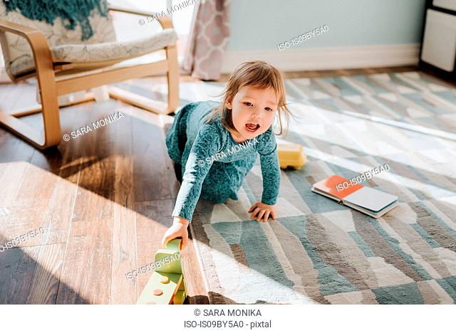 Female toddler playing on living room rug