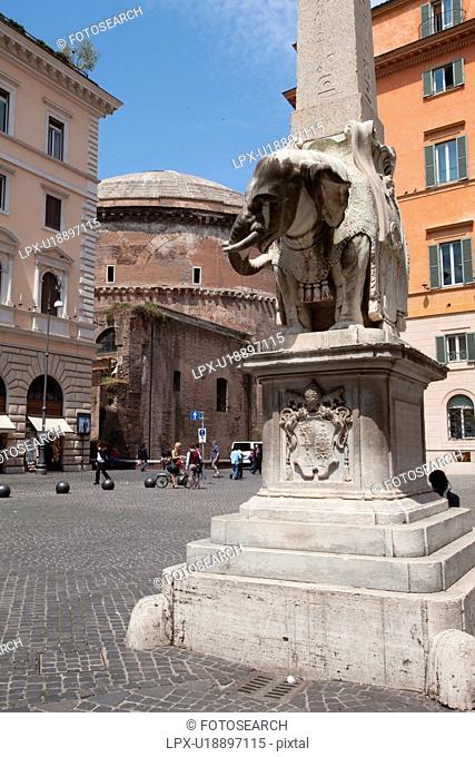 Piazza della Minerva with Bernini's elephant statue and Pantheon, Rome