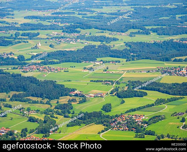 View over the foothills of the Chiemgau Alps in Upper Bavaria. Europe, Germany, Bavaria