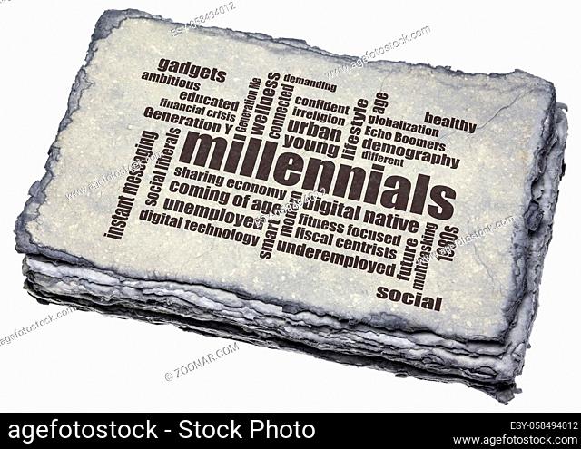 millennials generation word cloud, demography concept - text on a handmade gray toned paper