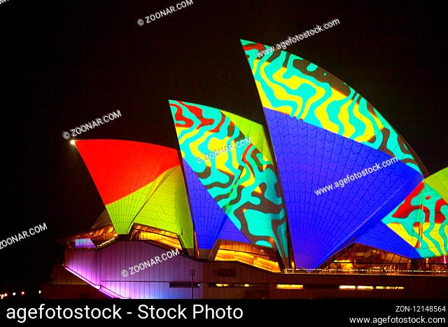 Sydney, Australia - May 25, 2018; Sydney Opera House illuminated with bold vibrant colours patterns and motion graphics during the Annual Vivid Sydney...